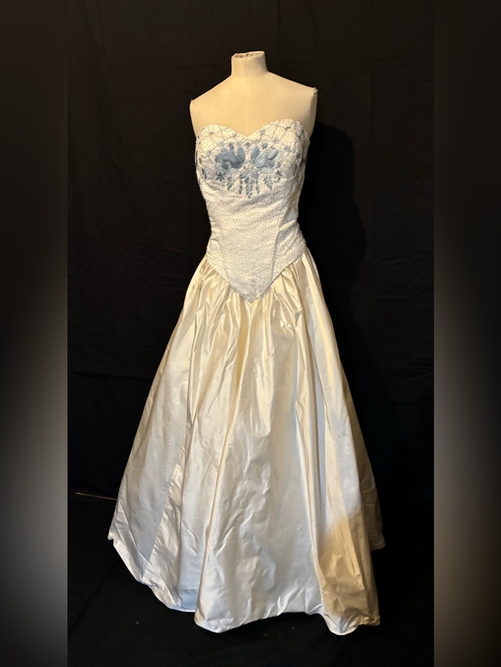 Ivory Vintage Strapless Wedding Dress with Blue Embroidered Bodice 16 Silk